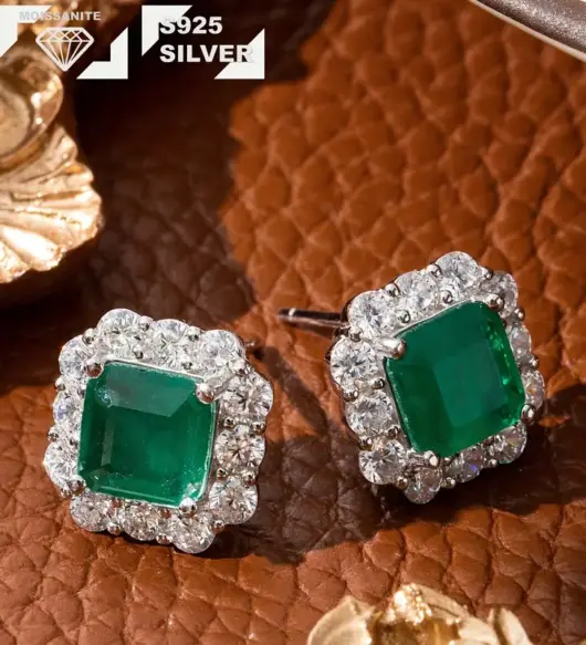 Classic Earrings with Moissanite and Emerald-Style Synthetic Gemstones