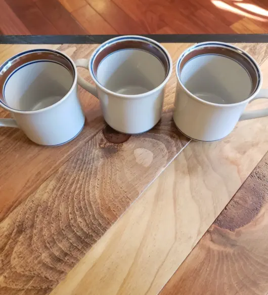 Vintage Salem Stoneware Coffee Mugs – Blue & Brown Stripes – Set of 3