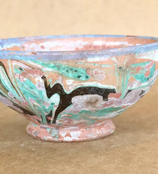 Antique Primitive Redware Ceramic Bowl/Cup – Hand-Painted, 1930s