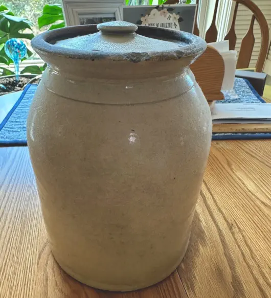 Antique Primitive Stoneware Storage Crock with Lid – 9.5” Tall