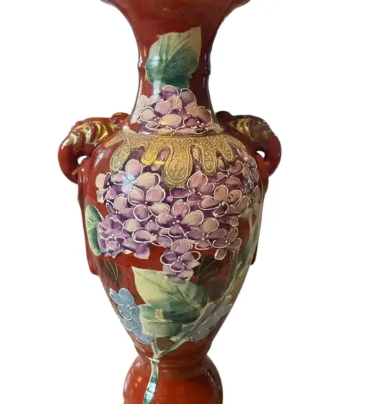 Rare Vintage Ceramic Grand Vase – Floral Enamel Cloisonné Style, Metallic Gold & Red