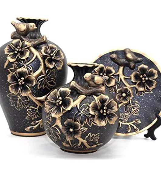 Classical Decorative Ceramic Vase Set – 3-Piece Chinese Collection with 3D Floral Accents