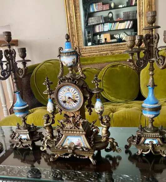Antique French Sevres-Style Mantel Clock Set – Blue Porcelain & Bronze Candelabra