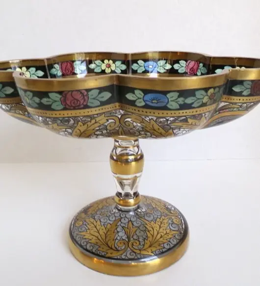 Antique Enameled Julius Muhlhaus Bohemian Glass Centerpiece Bowl – 6.25" Tall