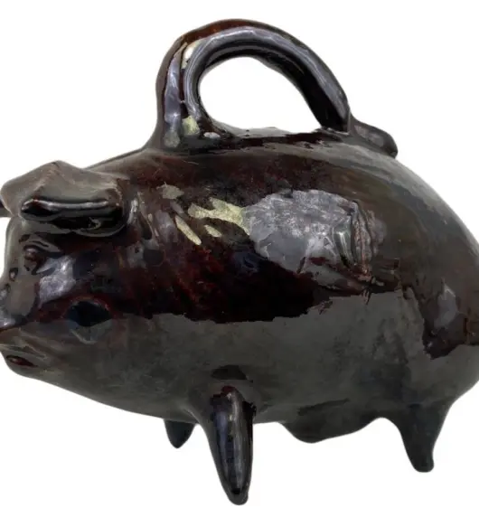 Antique 19th-Century Redware Pottery Piggy Bank – Americana Folk Art Figural Still Bank